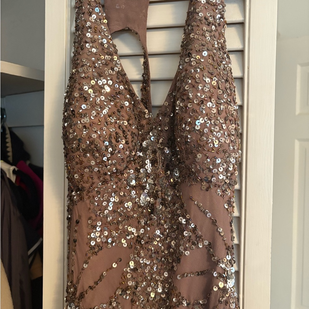 Adrianna Papell Brown Sequin Halter Dress